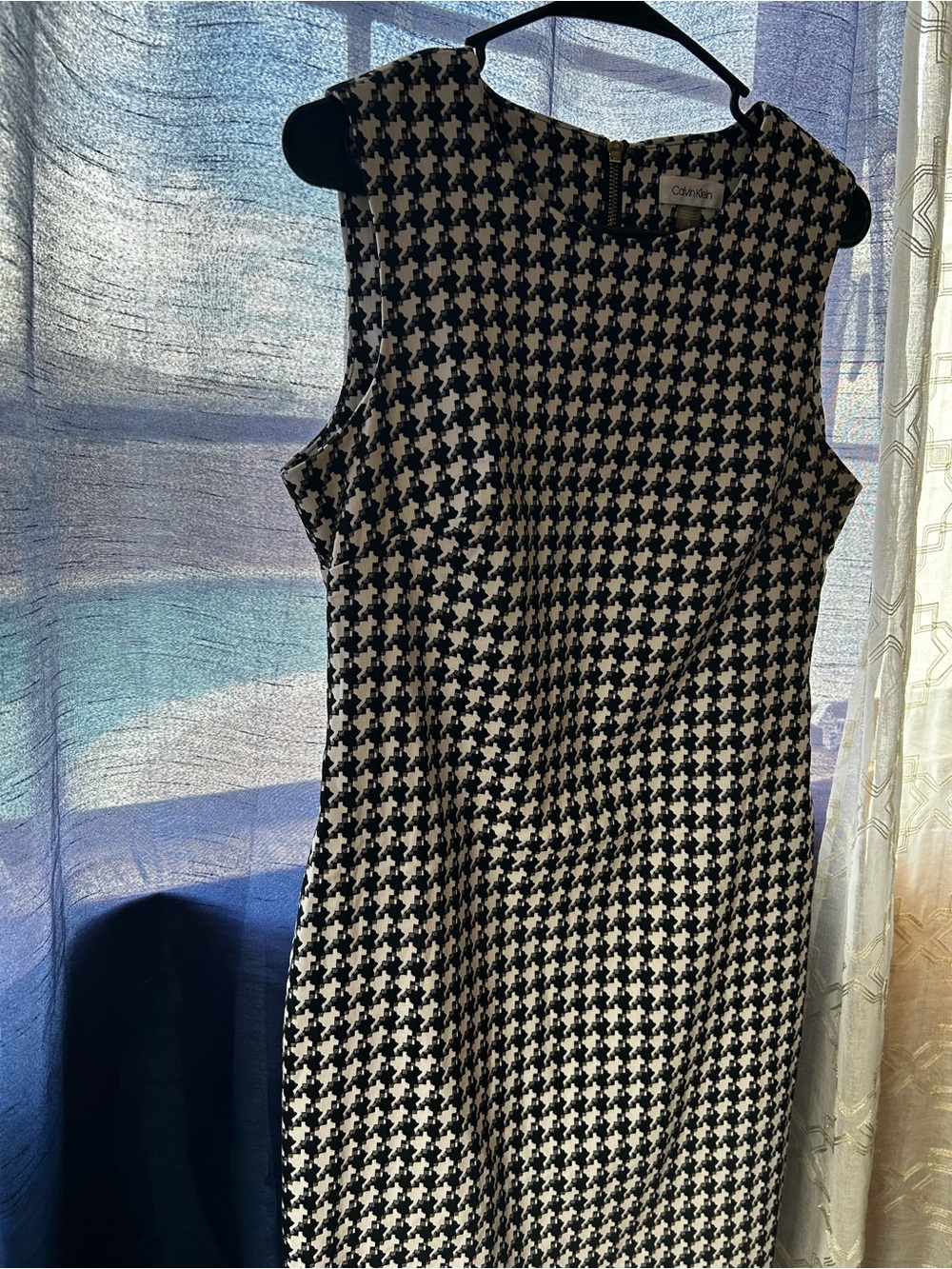 Calvin Klein Black and White Houndstooth Sheath Top with Gold Zip